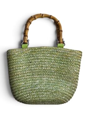 St. John’s Bay Green Woven Straw Bamboo Handle Basket Tote Bag